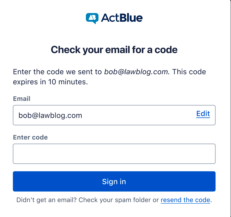 Window with a field to enter the one-time code
