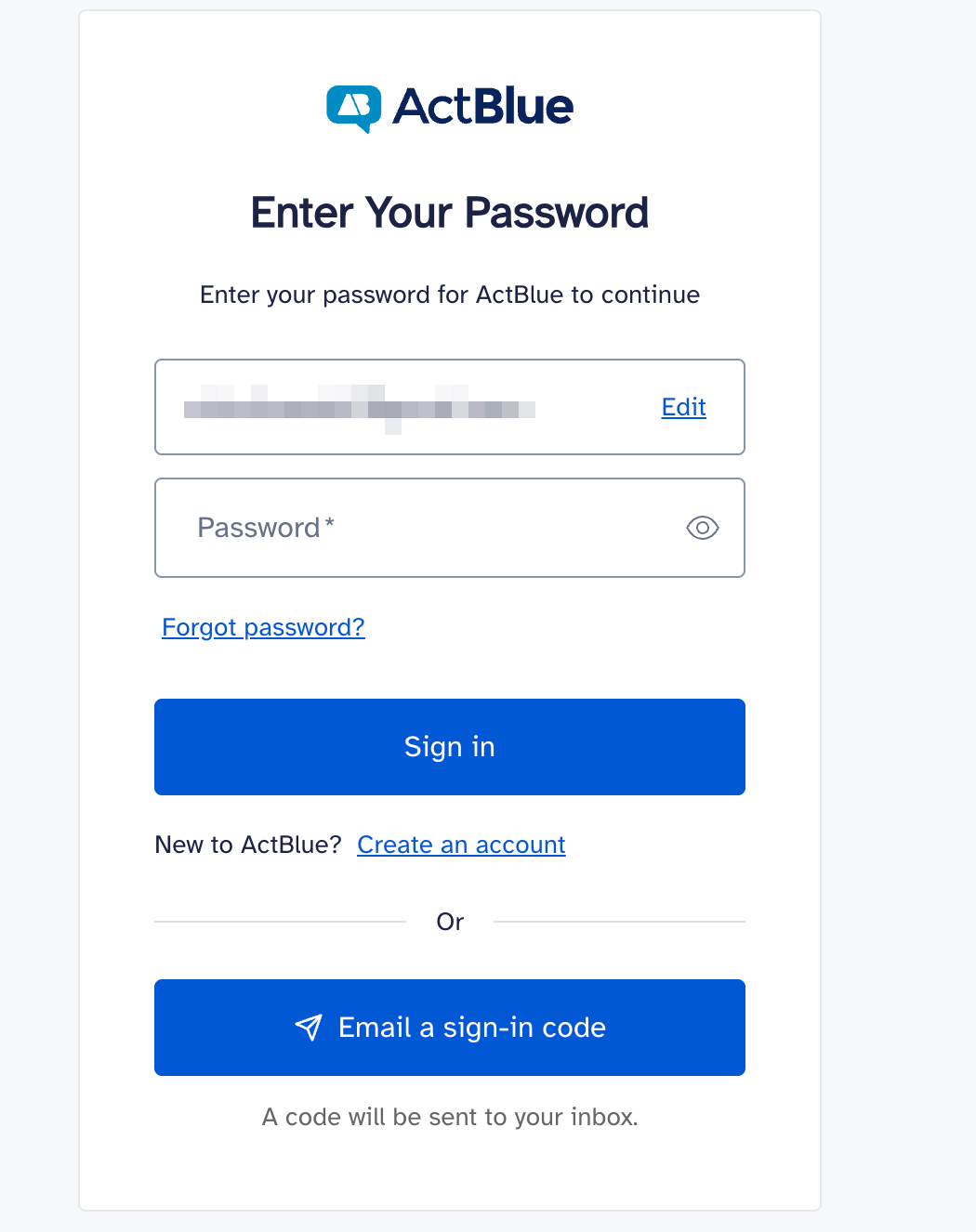 Sign in view of logging into ActBlue