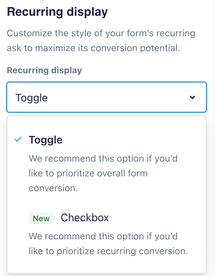 A screenshot of the Recurring Display dropdown menu expanded to display the below options.