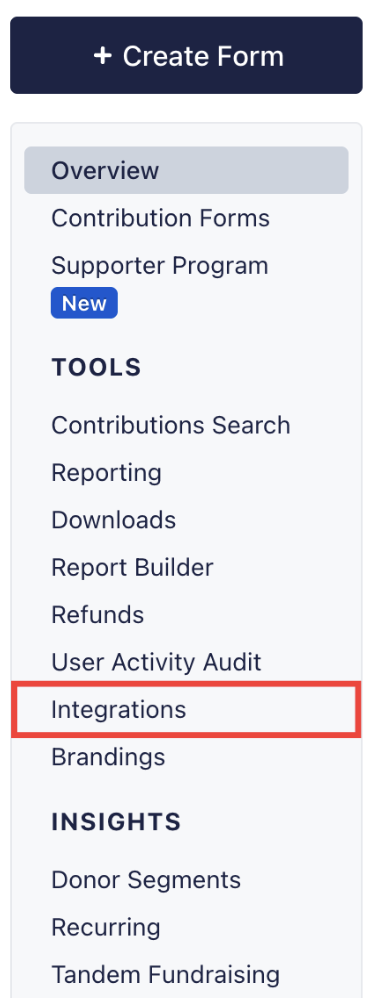 Screenshot of the Dashboard's left-hand menu which has the Integrations tab highlighted with a red square around it.