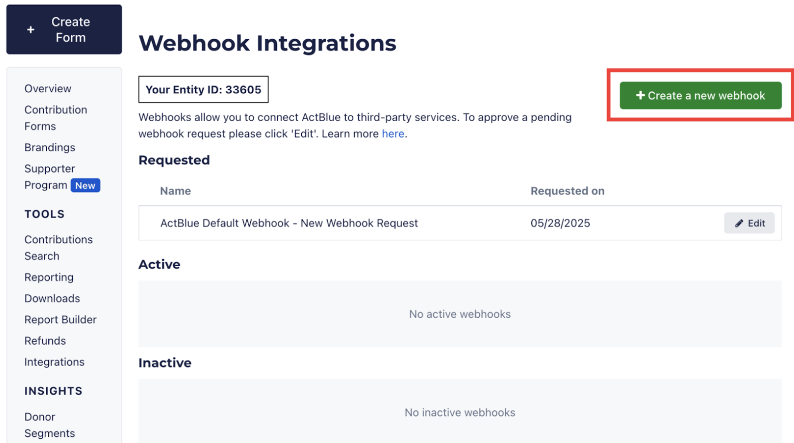 Screenshot of the Dashboard's Webhooks Integrations page with the green Create a New Webhook button highlighted with a red box around it.