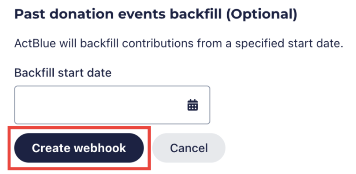 Screenshot of the Webhooks creation page with the black Create Webhook button highlighted in a red square.