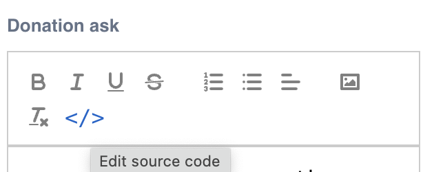 A screenshot of the form editor's text editing menu with the HTML tag symbol highlighted.