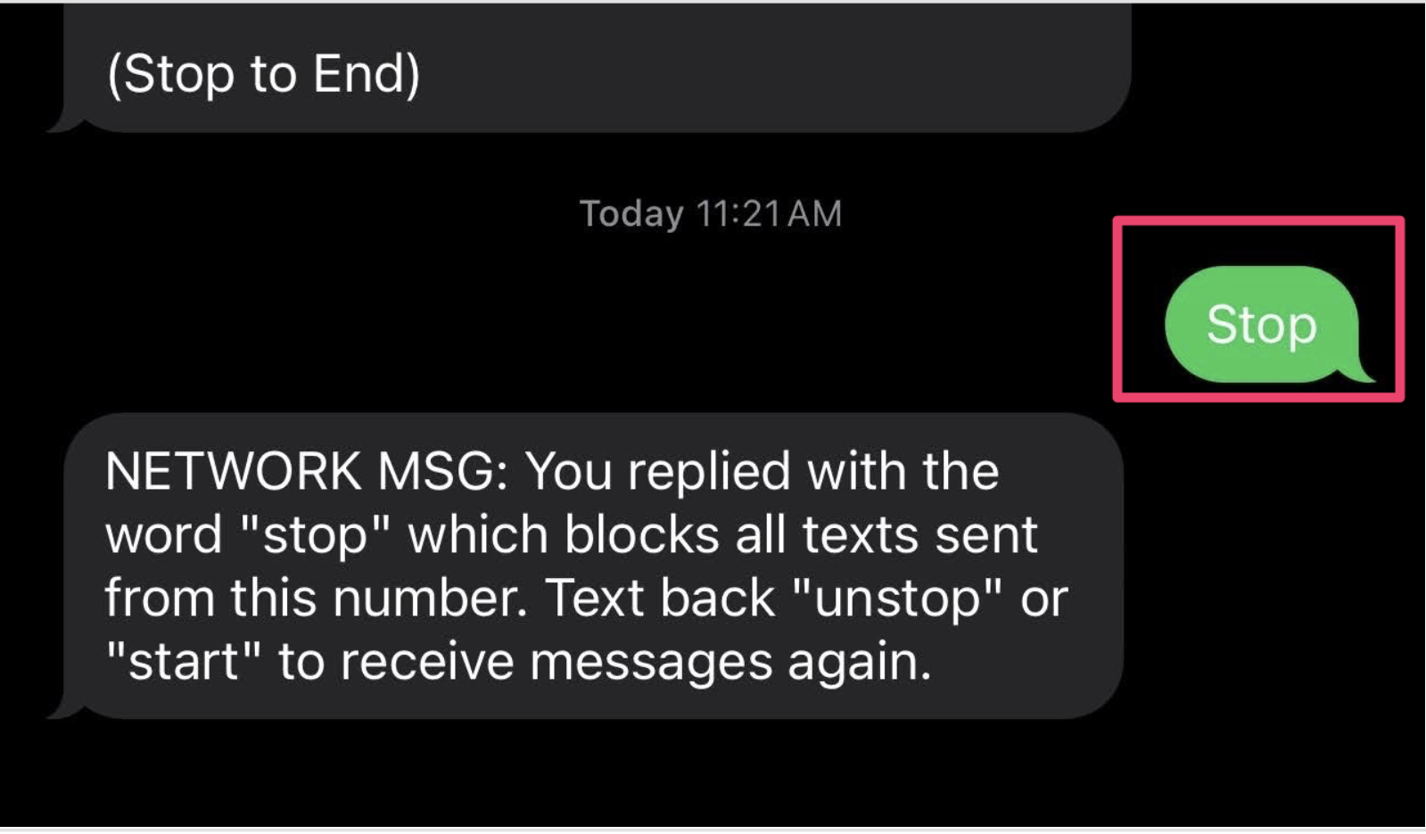 A Screenshot of a text exchange with the reply 'STOP' highlighted.