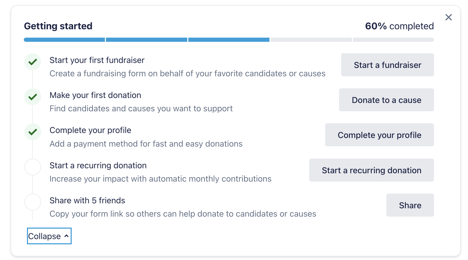 A Screenshot of the checklist with completed steps checked off and button links to the right directing you to how to complete the next step.