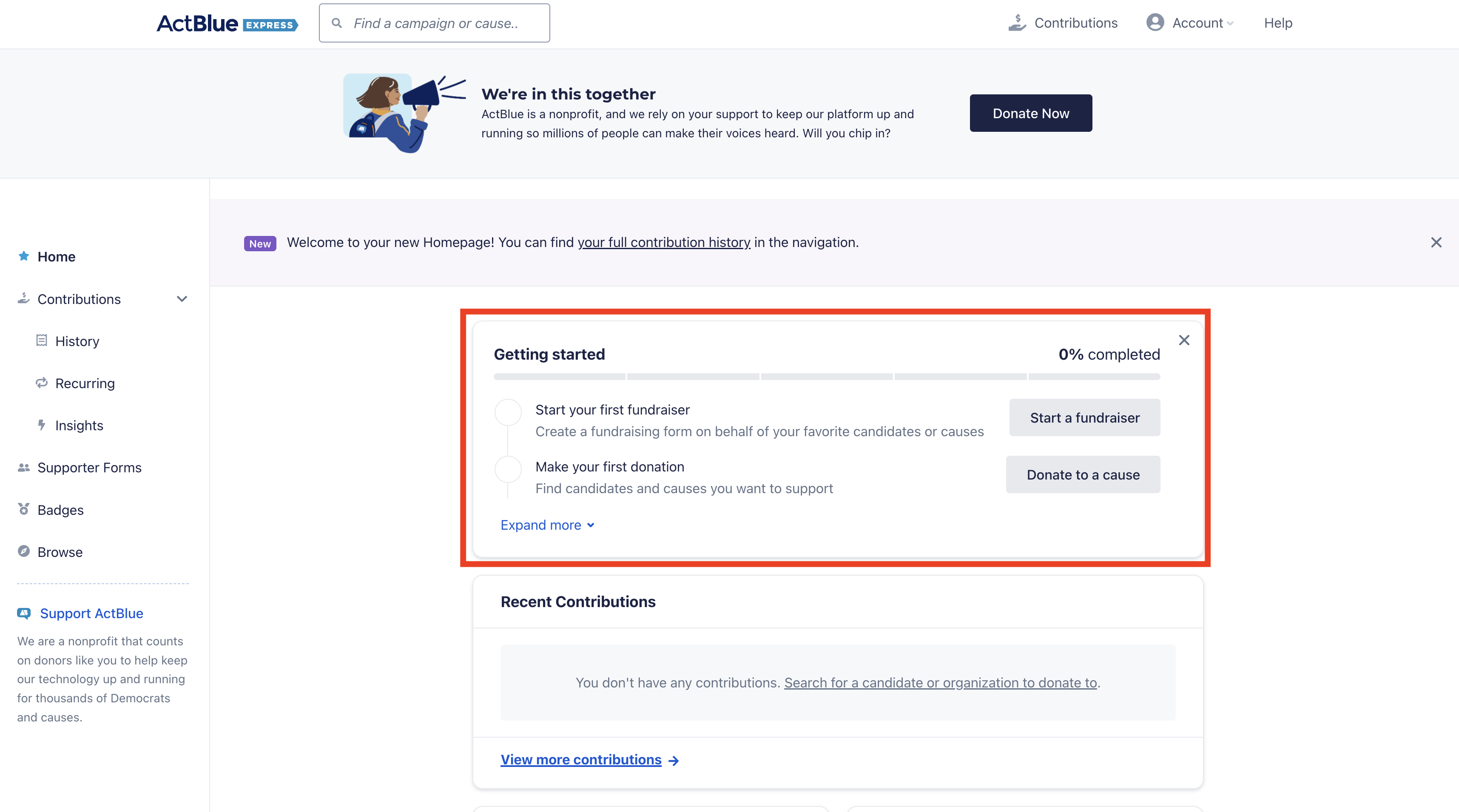 A Screenshot of the account home page with a red square around a checklist of steps to complete and utilize your account.