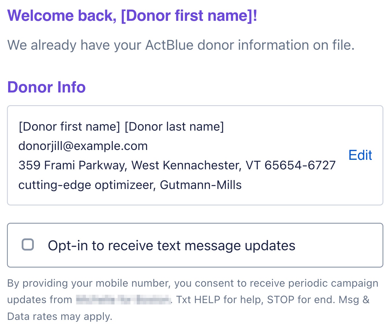 A screenshot of the opt-in checkbox on an example ActBlue contribution form.